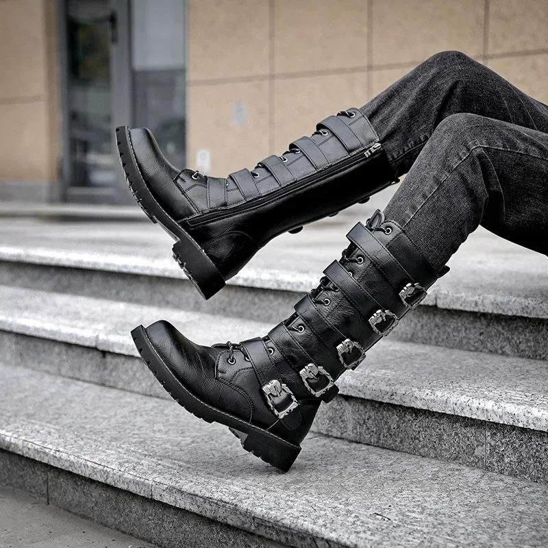 

Punk Style Mens Boots High Quality Mid-calf Leather Boots Belt Buckle Design Men Motorcycle Boot Cosplay Boots Botas Para Hombre