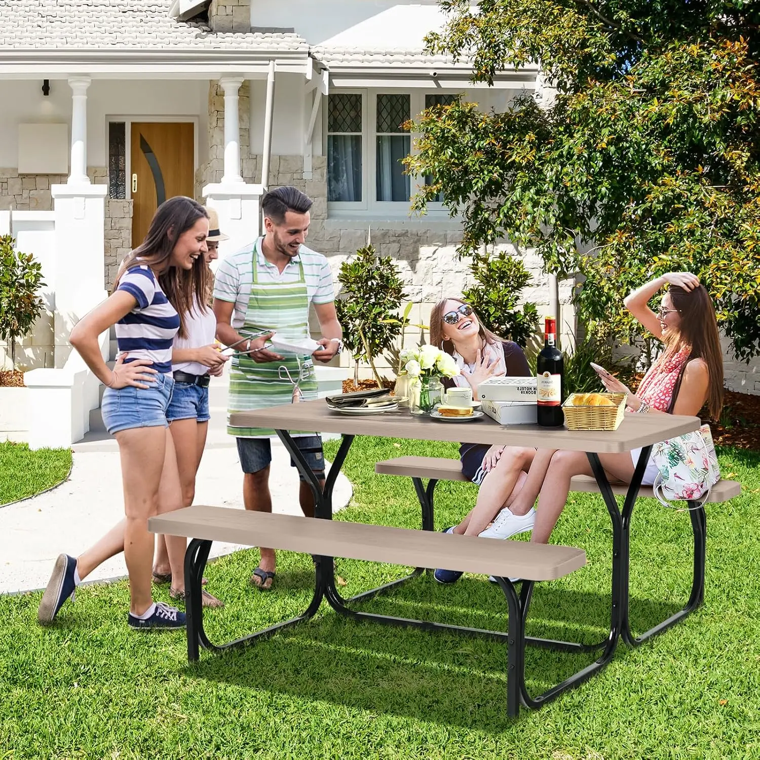 Moccha Picnic Table Bench Set, Portable Plastic Picnic Table W/Steel Frame & Wood-Like Texture, All Weather Heavy Duty Picnic