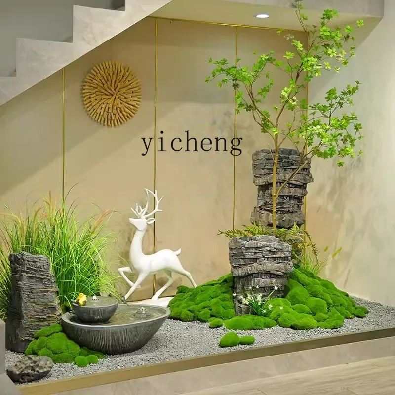 indoor staircase running water ornament landscape simulation stone green plant maple landscaping ornament