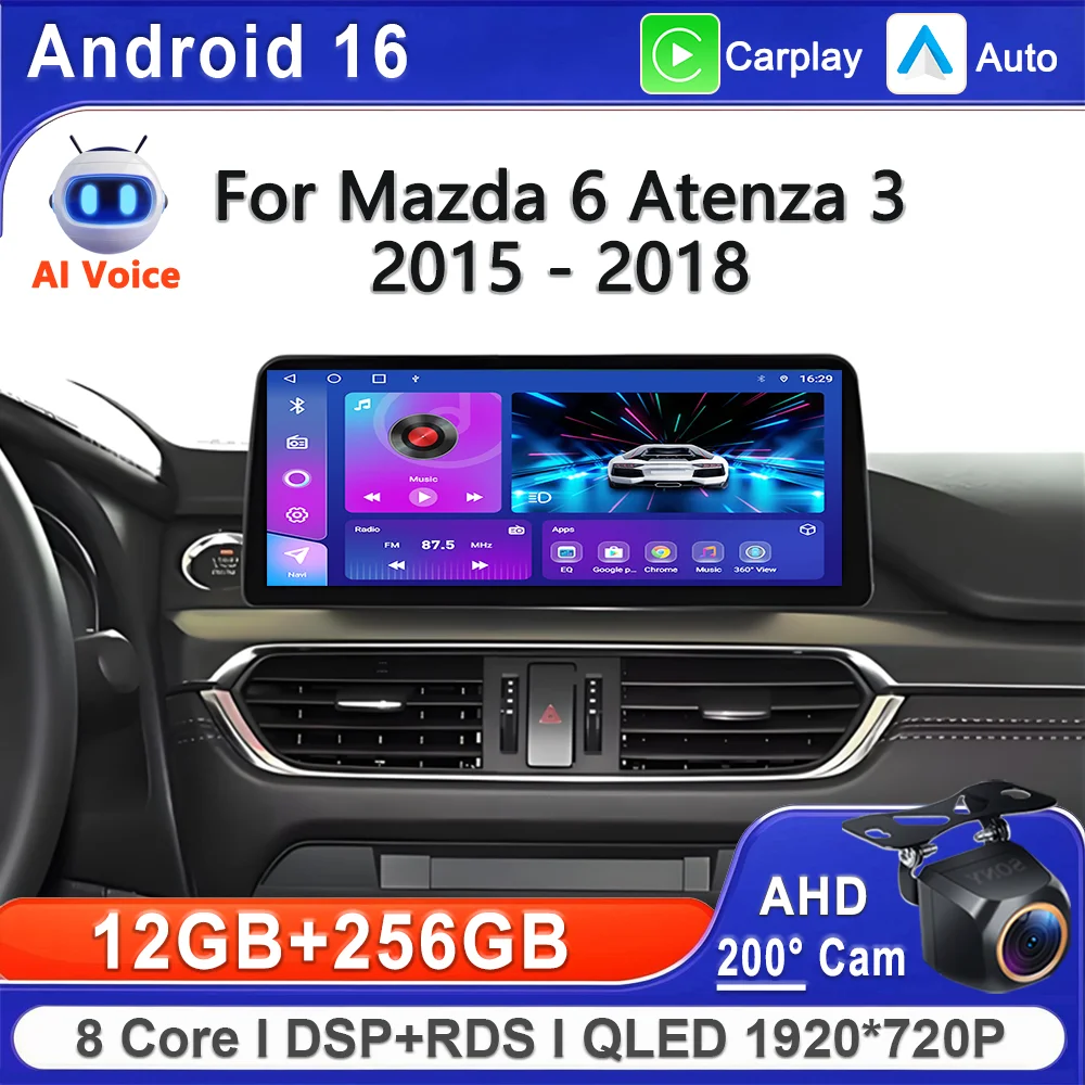 Central Multimídia Android 16 de 12.3 Polegadas para Mazda 6 Atenza 3 2015-2018 com GPS Plug and Play, CPU de Alta Performance e Wi-Fi