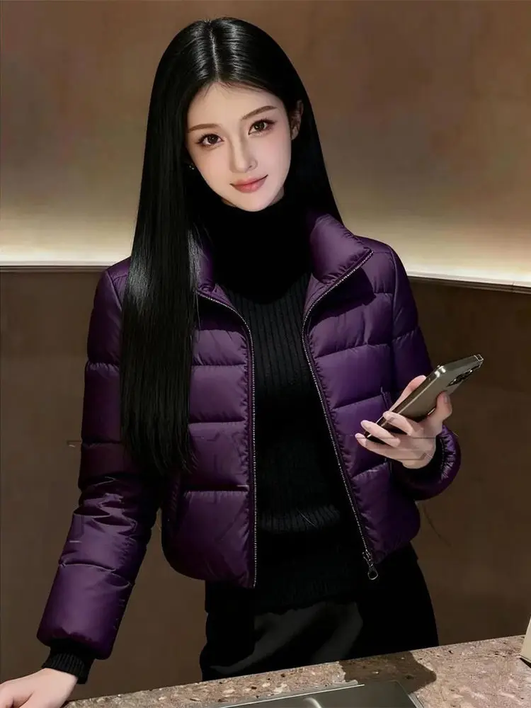 

Укороченная фиолетовая хлопковая куртка для похудения, женская, модная, универсальная, в корейском стиле, утепленная, с длинными рукавами, на молнии