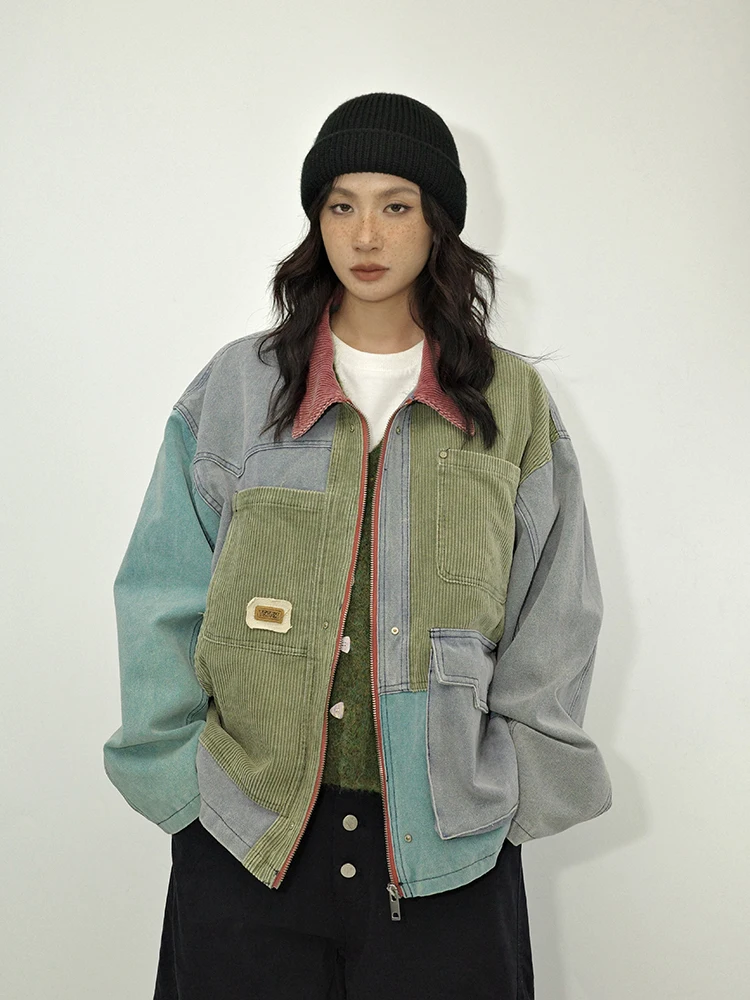 

Gulu Oh Japanese Style Retro Color Block Jacket Unisex Loose BF Style Patchwork Workwear Outerwear Casual Coat