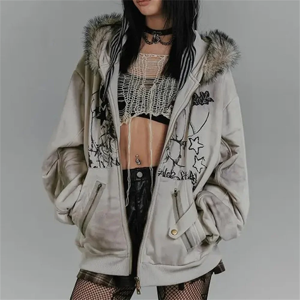 Printed Fur Collar Rabbit Ear Harajuku Hoodies Classic Style Gothic Y2K Zip Up Gray Sweatshirts for Women's Thick Velvet Tops