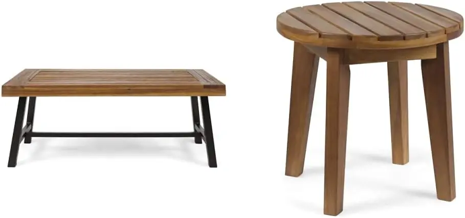 Carlisle Outdoor Acacia Wood Coffee Table, Sandblast/Rustic Metal