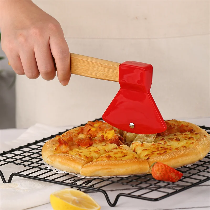 1Pcs Pizza Cutter Wheel, Axe Shaped Stainless Steel Pizza Knife With Bamboo Handles and Sharp Rotating Blades, Pizza Slicer Roll