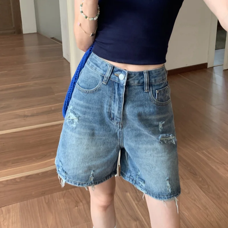 

Women's Blue High Waisted Vintage Ripped Straight Jeans Shorts 2025 Summer Casual Loose Wide Denim Short Pants Feminino Clothing