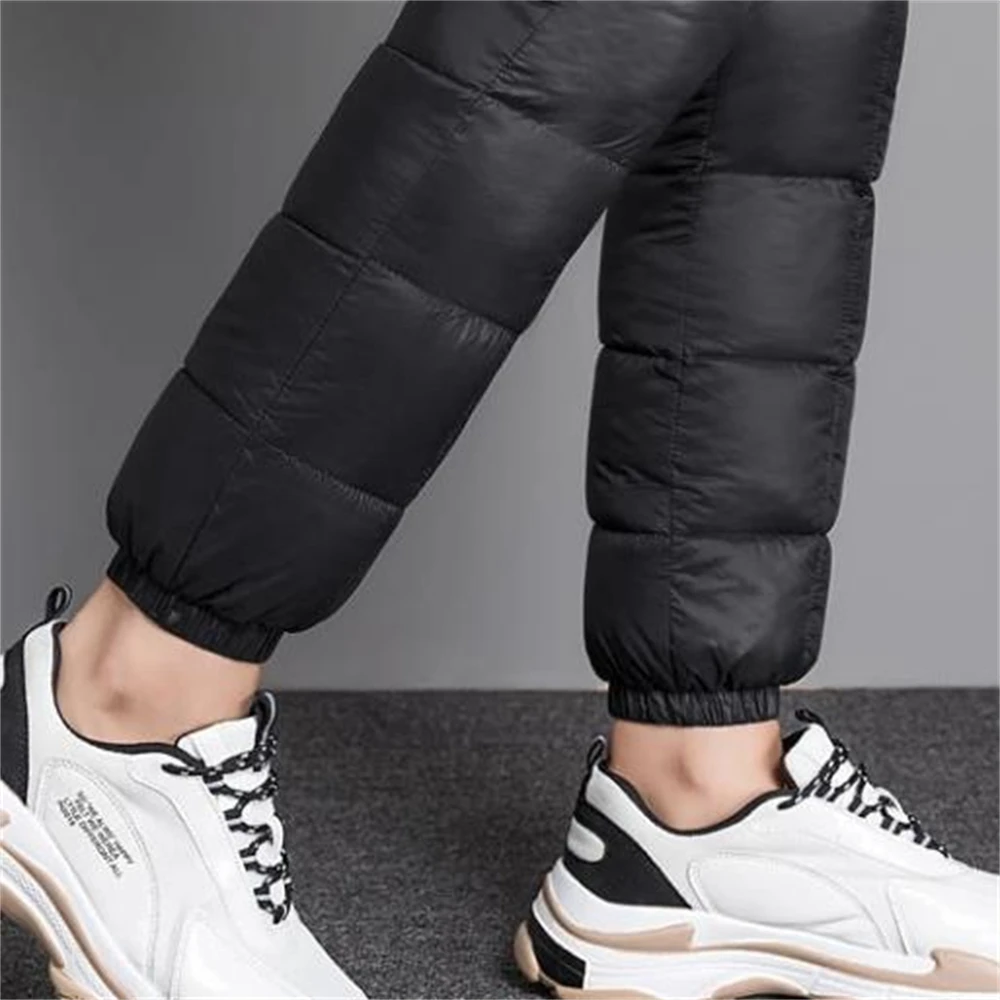 Winter Snow Wear Thick Warm Windproof 70% White Duck Down Cotton Pants Women High Waist Bean Feet Trousers Mom's Sweatpants