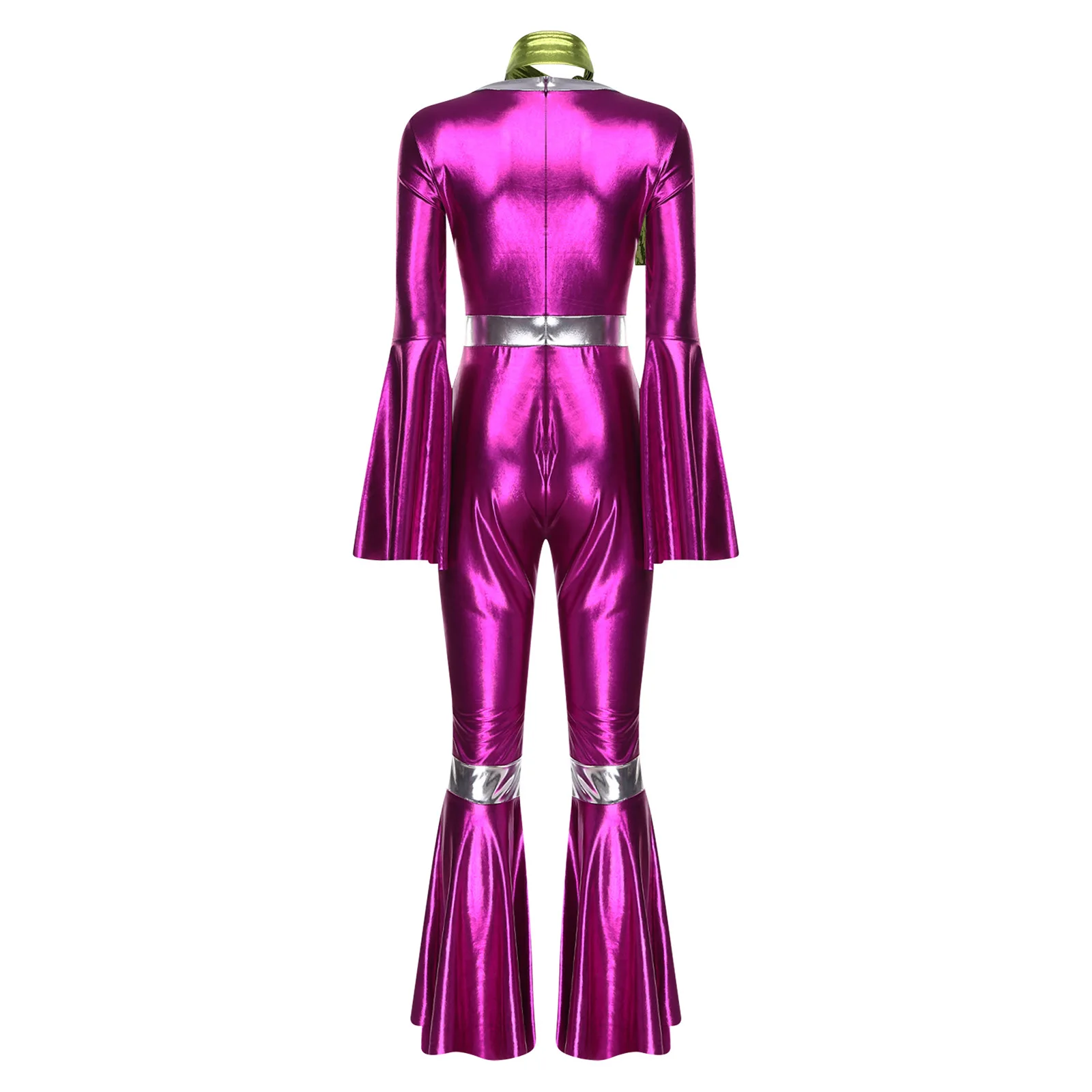 Women 70s Disco Dance Costume Flare Sleeve Metallic Shiny Bell-bottom Bodysuit with Scarf Halloween Carnival Cosplay Jumpsuit