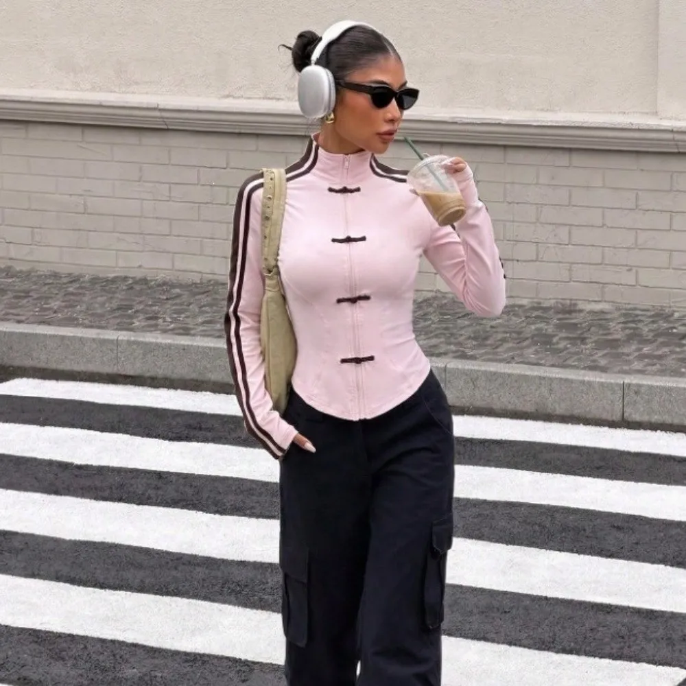 Slim Fit Frog Button Jacket Striped Pattern Long Sleeve Cropped Sweatshirts Stand Collar with Thumb Hole Chinese Style Jacket