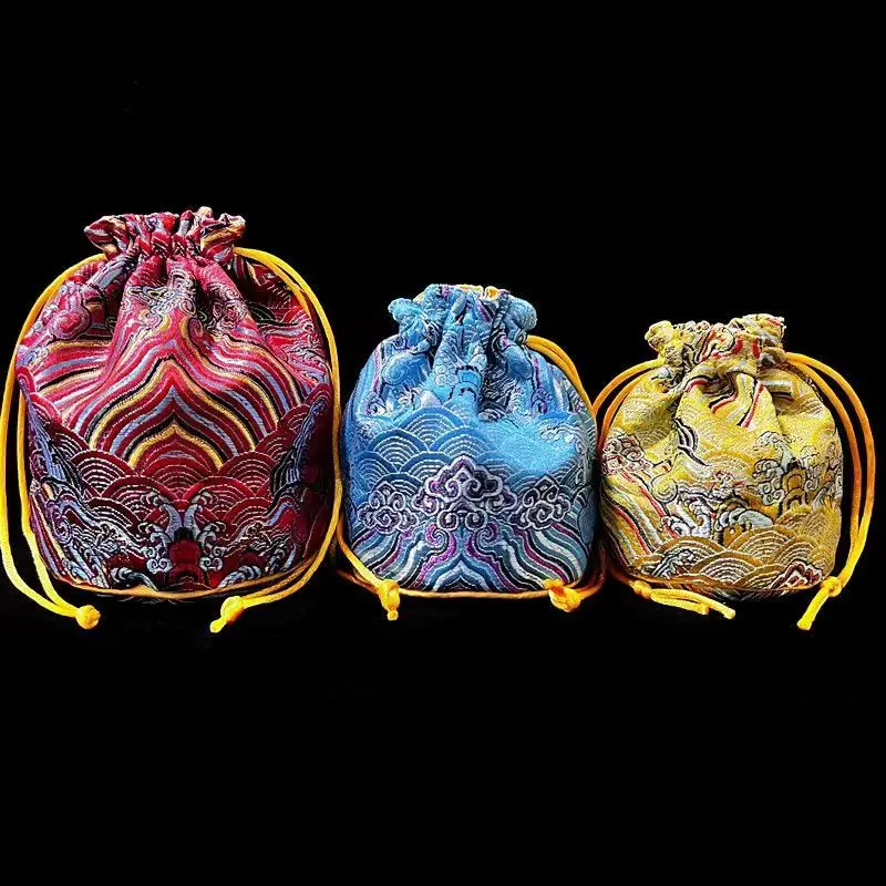 10pcs Round Bottom Drawstring Bags Chinese Silk Brocade Jewelry Storage Pouches Gift Packaging Bags 3 size