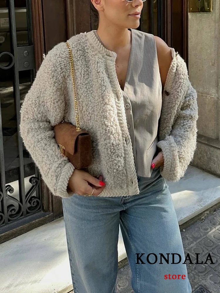 KONDALA Chic Solid Beige Casual allentato manica lunga maglia donna maglione moda 2023 autunno bottone peluche elegante Cardigan oversize