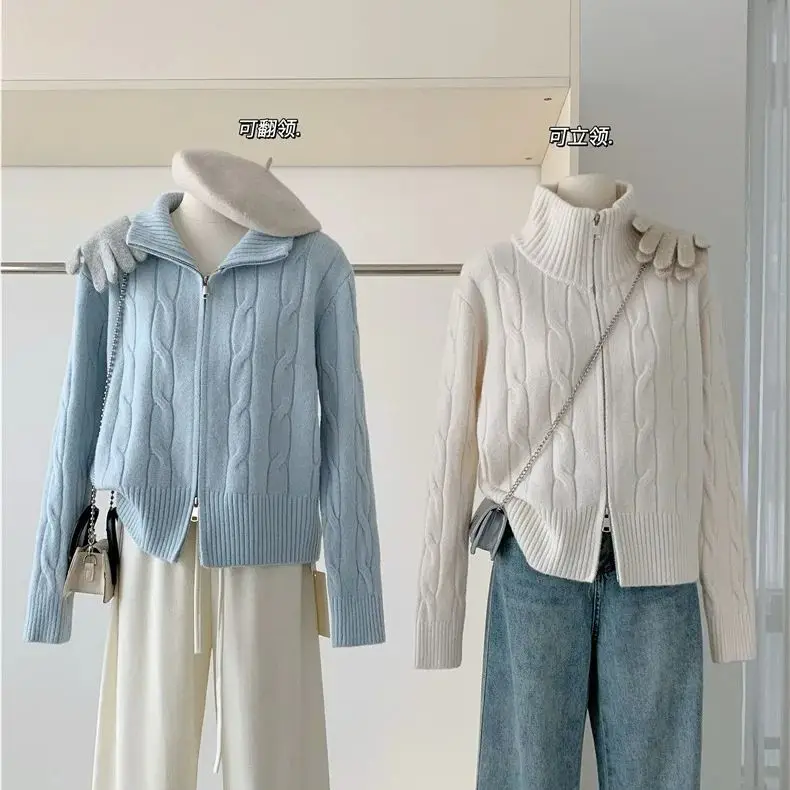 Maglione da donna con colletto rialzato con doppia cerniera 2024 giacca cardigan comoda morbida e cerosa stile pigro autunno e inverno