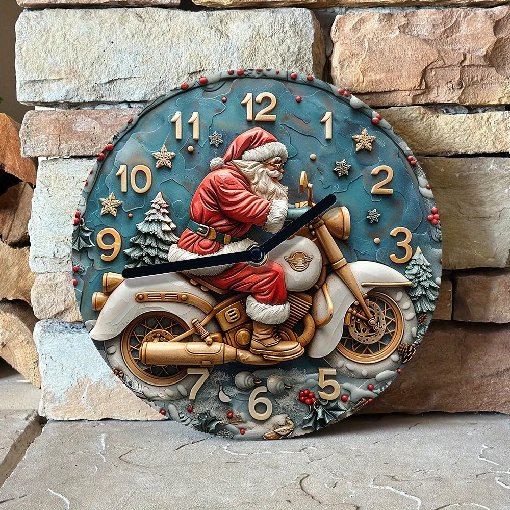 Santa Claus on Motorcycle Themed Wall Clock, DIY Assembly Kit with High-Definition 2D Printing, Festive Wall Decor with 3 Hand