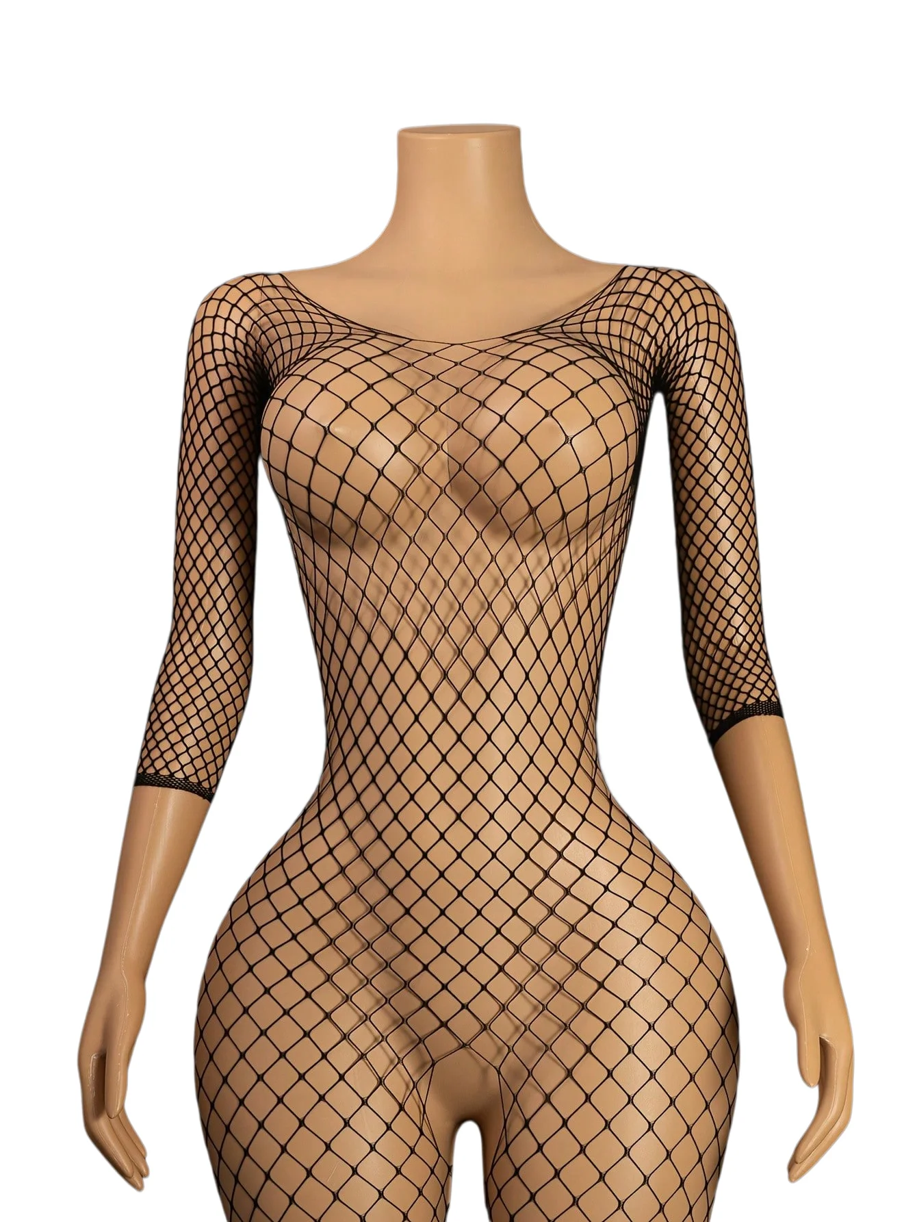 One Size Long Sleeve Mesh Bodysuit Sexy Hollow Out Fishnet Jumpsuit, High Stretch Clubwear Elegant Sheer Exotic Lingerie Teddy