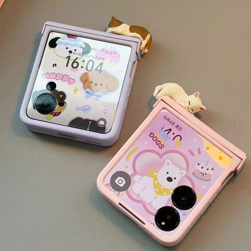 Korea Cute 3D Kitten Case Flower Strap Girl Case For Samsung Z Flip 7/6/5/4/3 For Motorola Razr 40 50 60 Ultra Xiaomi Mix Flip - náhled 2
