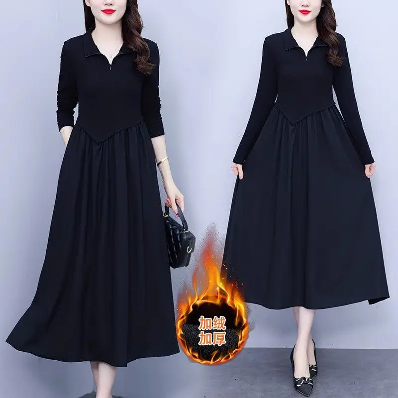 

Large Size Women's Dresses 2023 Autumn/Winter Fashion Mid Length Casual Plush Thickened Hepburn Style Knitted Dress Z3379