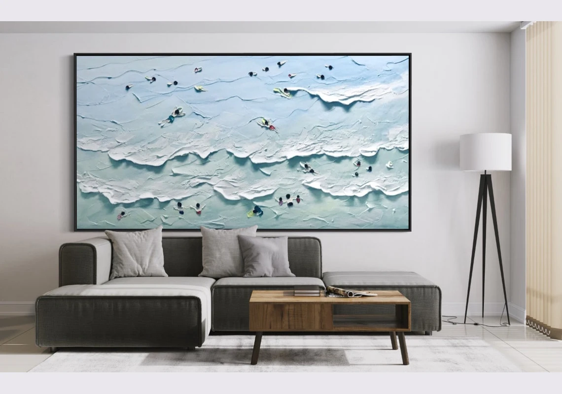 

Landscape Beach Ocean Art Hand Painted Extra Large Heavy Texture Knife Palette Minimalist Wall Art Abstract Oil Painting Artwork