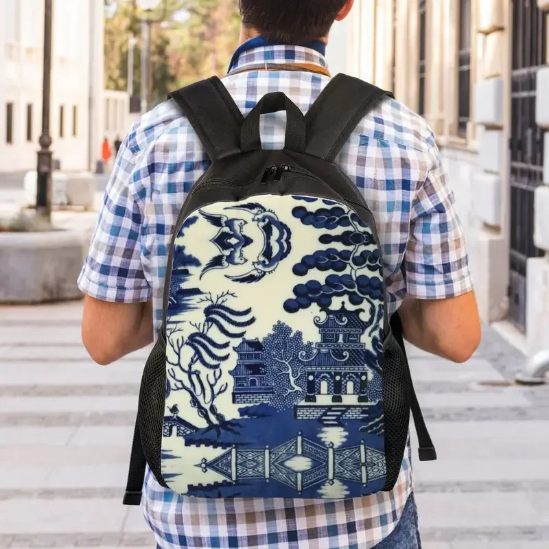 Customized Antique Willow Ware Oriental Toile Backpacks Basic Bookbag for School College Blue Delft Chinoiserie Pagoda Bags