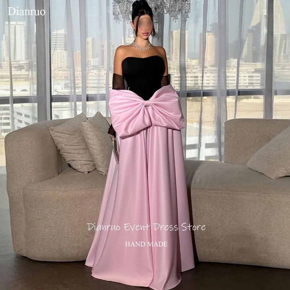 

Dianruo Oversized Pink Bow Evening Dresses Strapless Dubai Robes De Soirée A Line Pleated Arabric Vestidos Para Mujer Customized