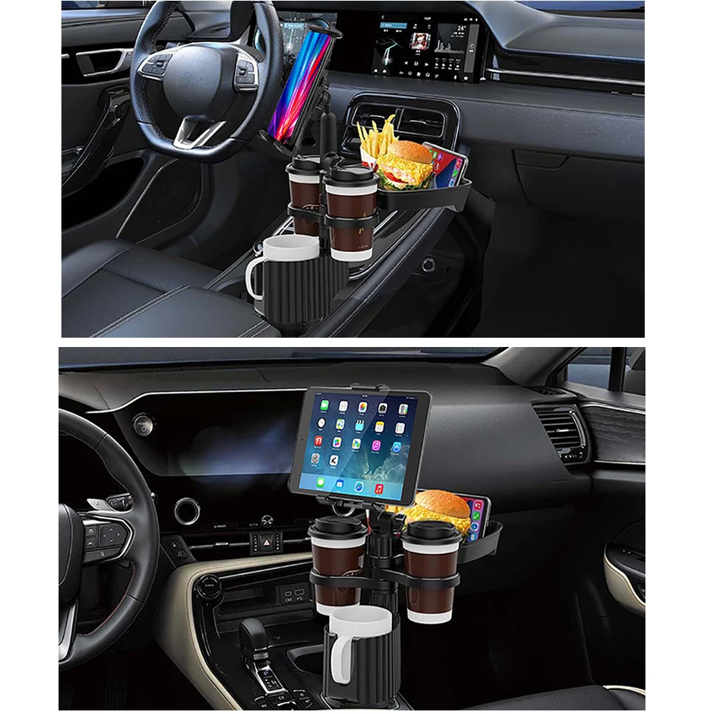 4-in-1 Car Drink Holder 360 Rotate with Phone Tablet Holder Car Organizer 3 Cup Holders Road Trip Car Traveling Essential Gadget