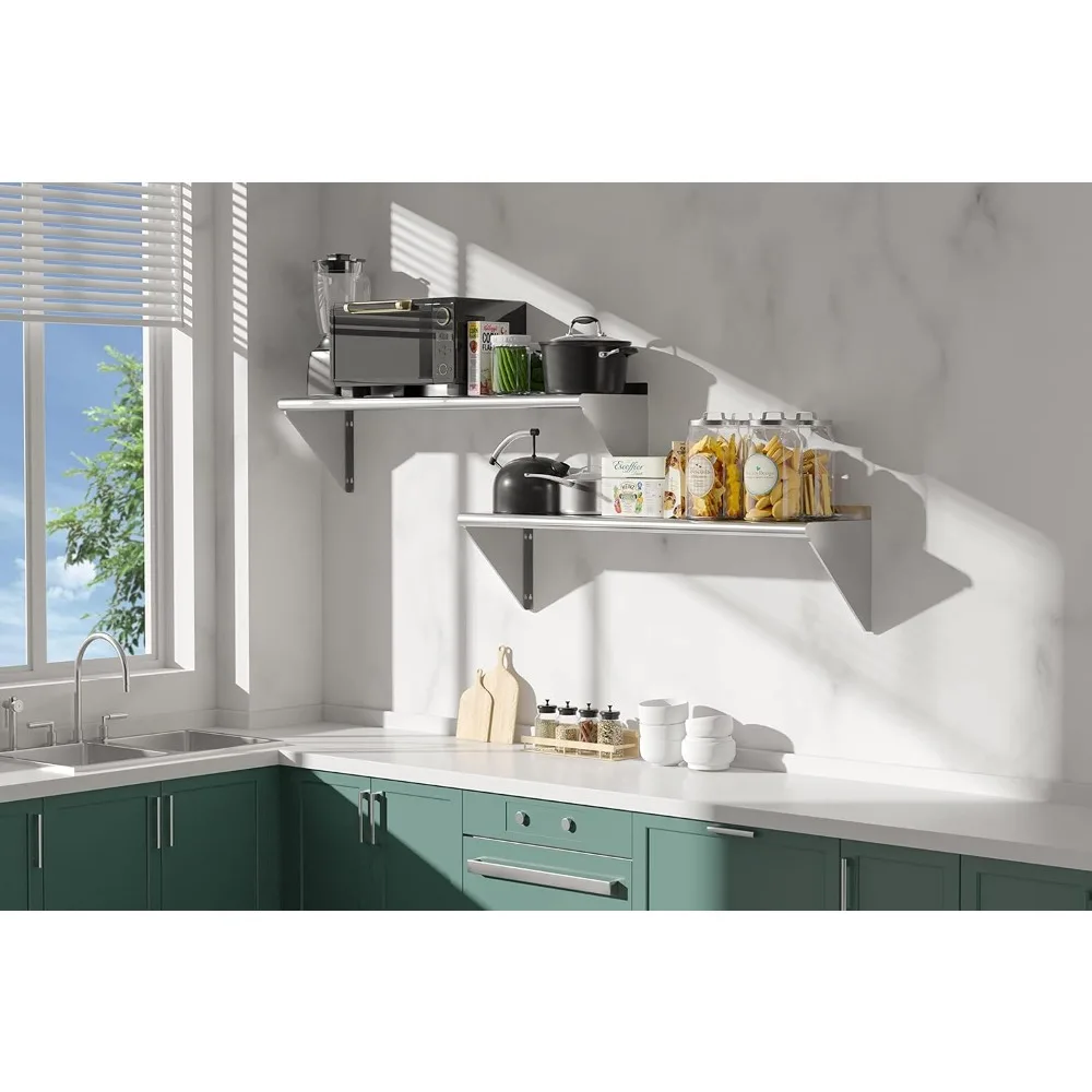Stainless Steel Wall-Mounted Shelves, 2-Pack, 12x48 Size, 320 lbs Capacity, Suitable for Home Kitchen and Restaurant Use