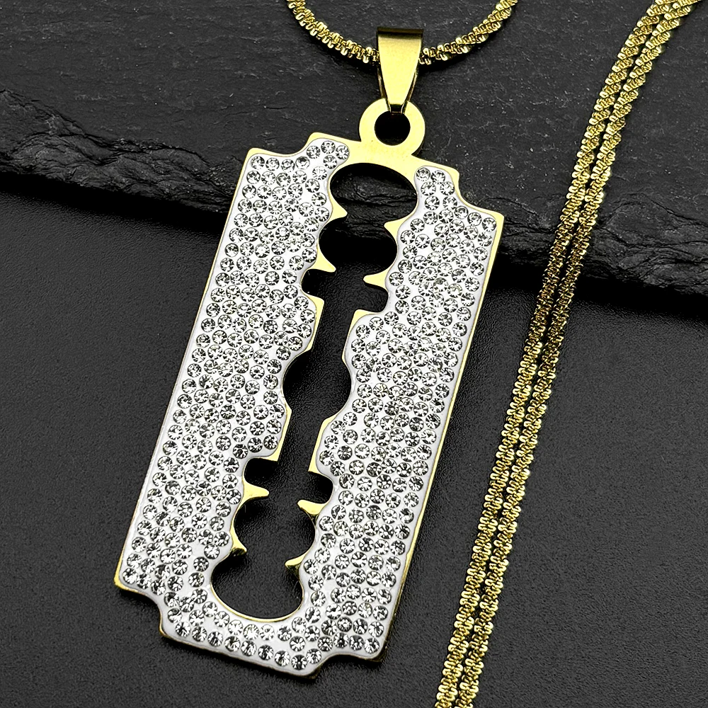 Trendy Rhinestone Razor Blade Pendant Necklace For Women Men Stainless Steel Gold Color Hiphop Punk Male Fashion Chain Jewelry