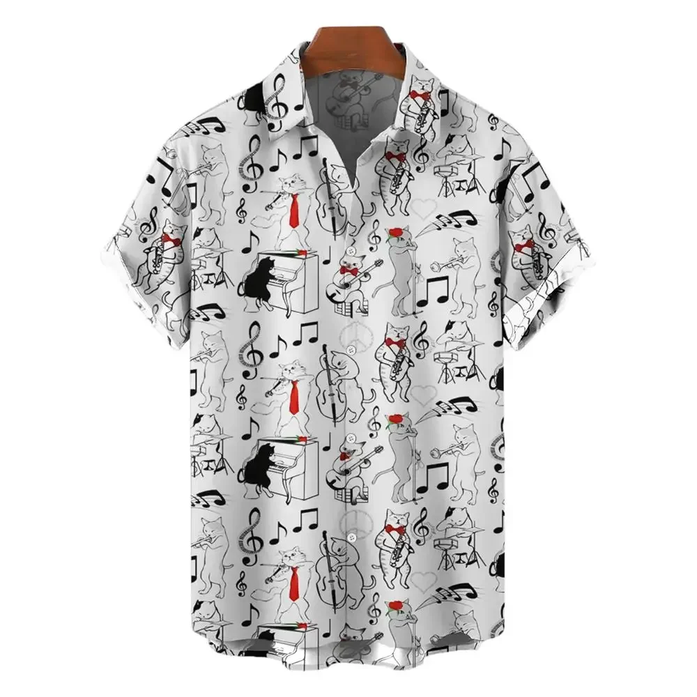 

2025 Summer Men's Hip Hop Rock Music Symbol Cuban Collar Loose Oversized Hawaiian Shirt Striped