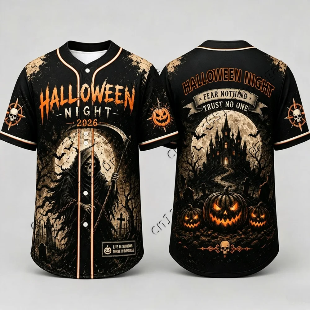 Halloween Spooky Season Baseball Jersey Boo Crew 31 Black Orange Split Button‑Up Men'Shirt Hip Hop Streetwear Kids Cosplay Tops