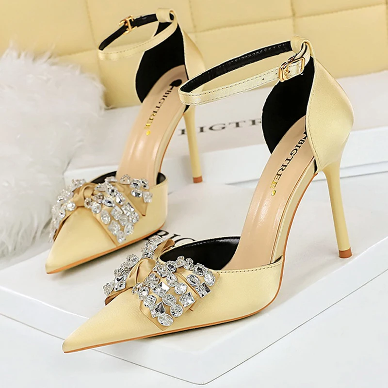 Summer Women\'s High Heels 10 Cm Rhinestone Bow Women Pumps Hollow Out Women\'s Sandals Silk Satin Stilettos Luxury Ladies Shoes