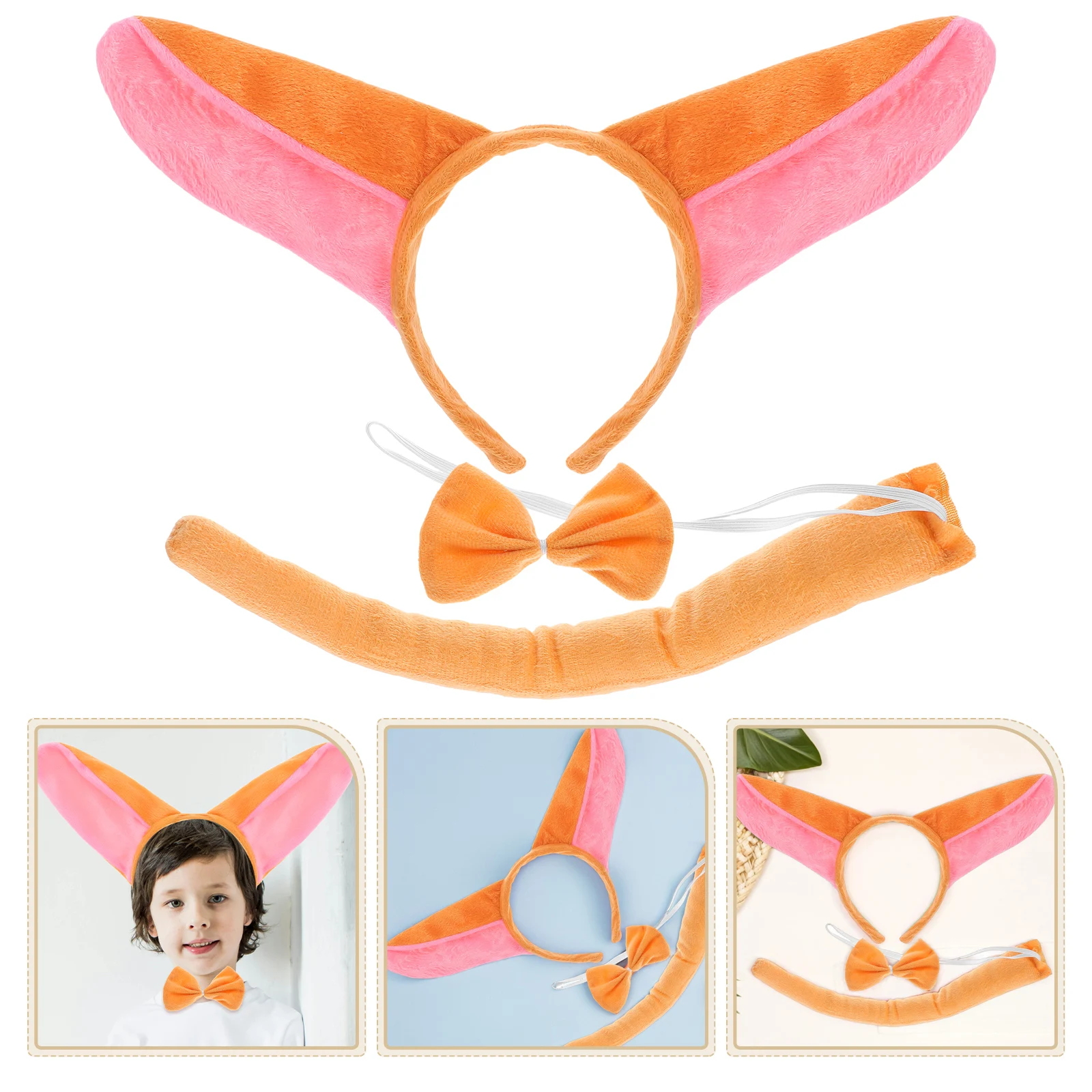 2Sets Donkey Ears and Tail Headband Bowtie Kids Costume Animal Accessories Soft Comfy Party Cosplay Birthday Halloween