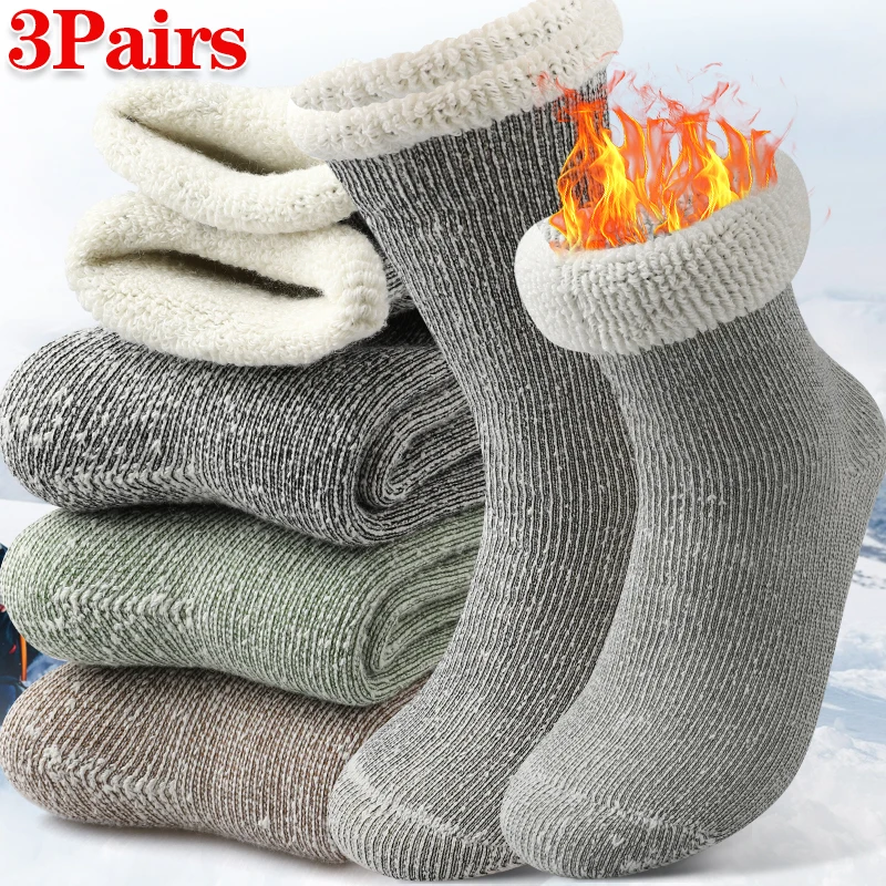 

3Pairs New Super Thick Cashmere Socks Male Snow Terry Merino Wool Sock Men Warm Outdoor Sports Plush Mid Calf Sock High Quality