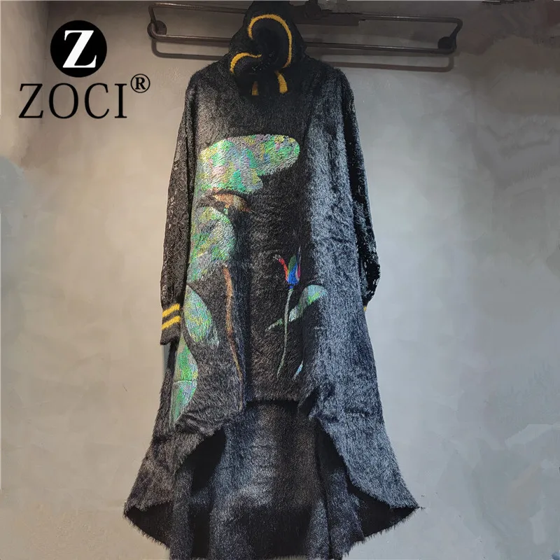 [ZOCI] New Thick Version Loose Round Neck Pullover Mink Fur Patchwork Lace Sleeves, Mid Length Knit Sweater