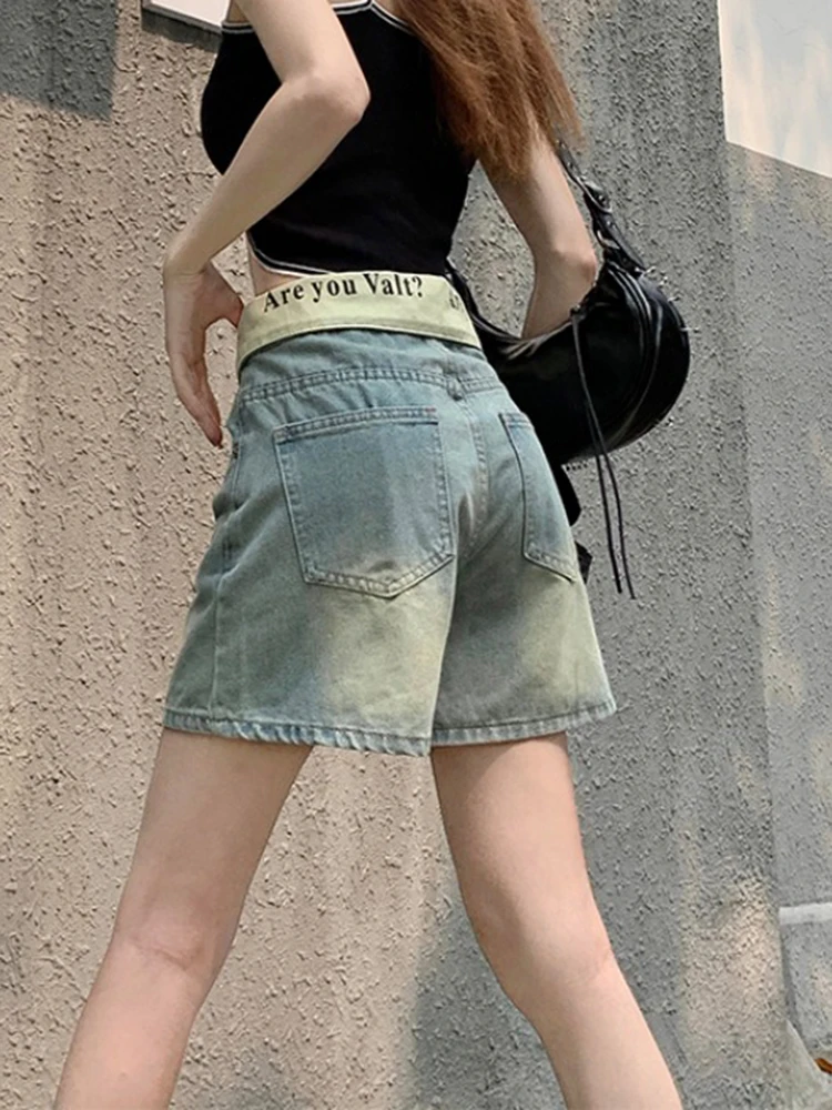 Pantaloncini di jeans lavati blu larghi casual da donna Pantaloncini vintage Harajuku Y2K con stampa di lettere a vita alta Jeans larghi stile street