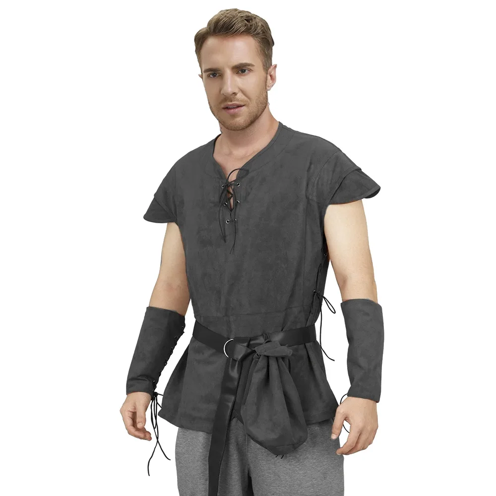 Men's Medieval Lace Up Tunic Shirt Renaissance Viking Pirate Costume Long Sleeve Retro Tops with Belt for Halloween Cosplay - view 4