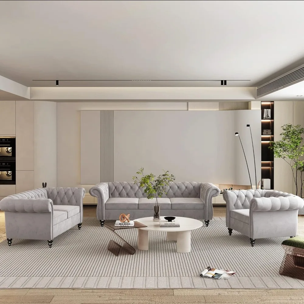 

3 Piece Living Room Set, Velvet Chesterfield Sofa Loveseat Couch Chair with Scroll Arms and Nailhead,Living Room Sofas