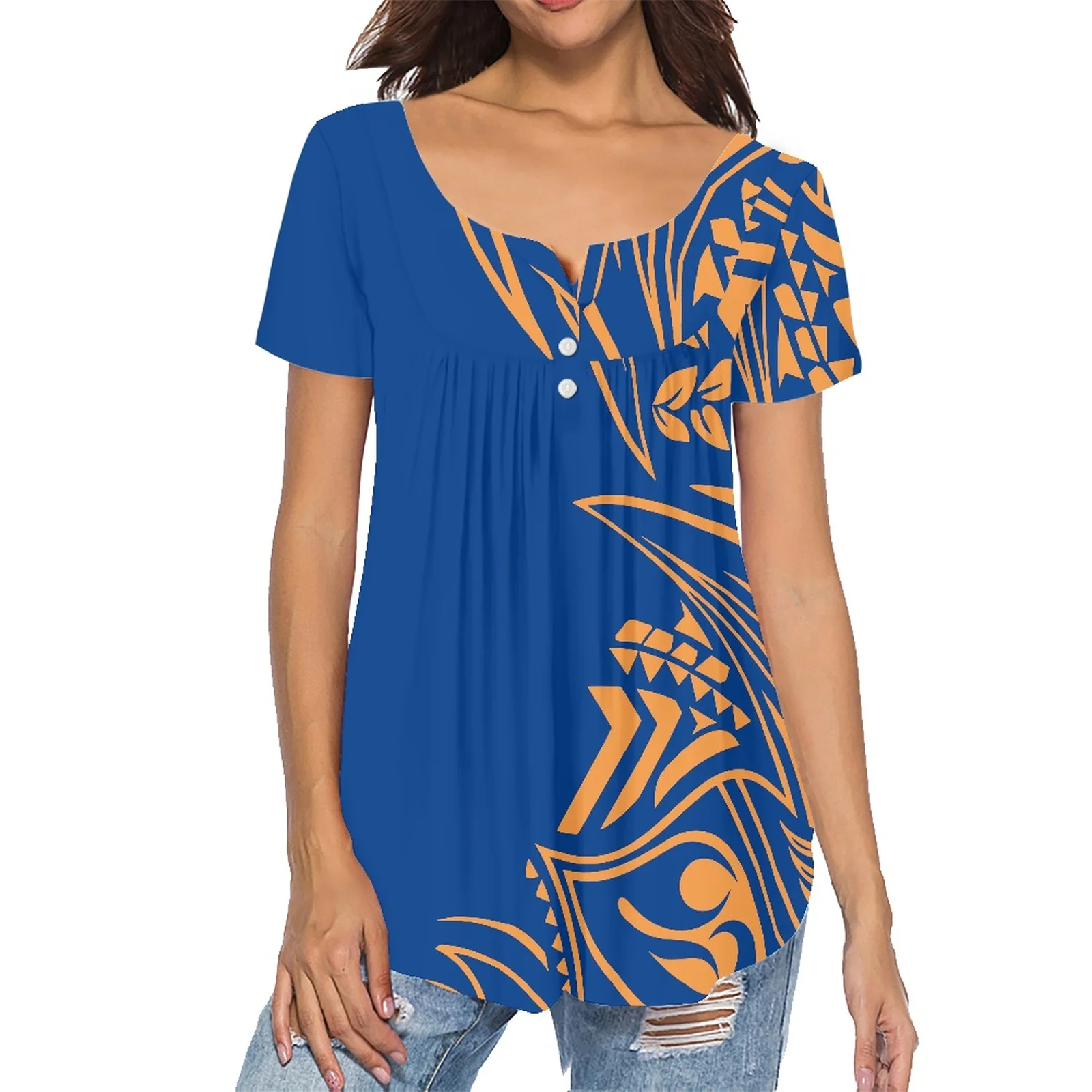 

Summer Girl Trendy Shirt Island Wear Tattoo Print Polynesian Tribal Luxury Ladies Sexy V-neck Top Ladies Pleated Buckle Shirt