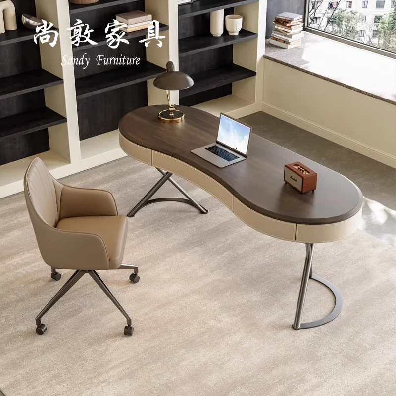 

Retro Style Book Desk And Chair Combination Oval High-end Solid Wood Walnut Saddle Leather Computer Desk Desk