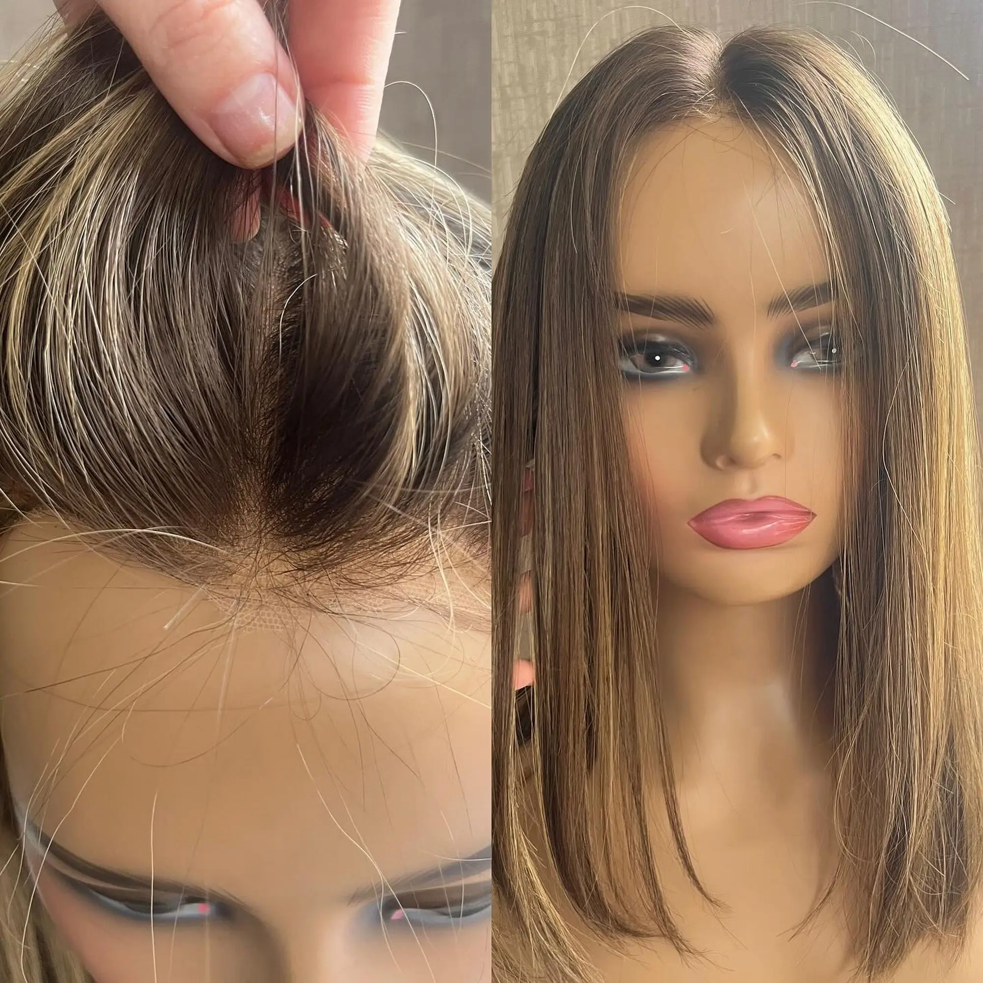 

16 Inches Ombre Honey Brown Natural Straight Synthetic Lace Top Wigs Realistic Look Pre Plucked Hairline Trendy Wig On Clearance