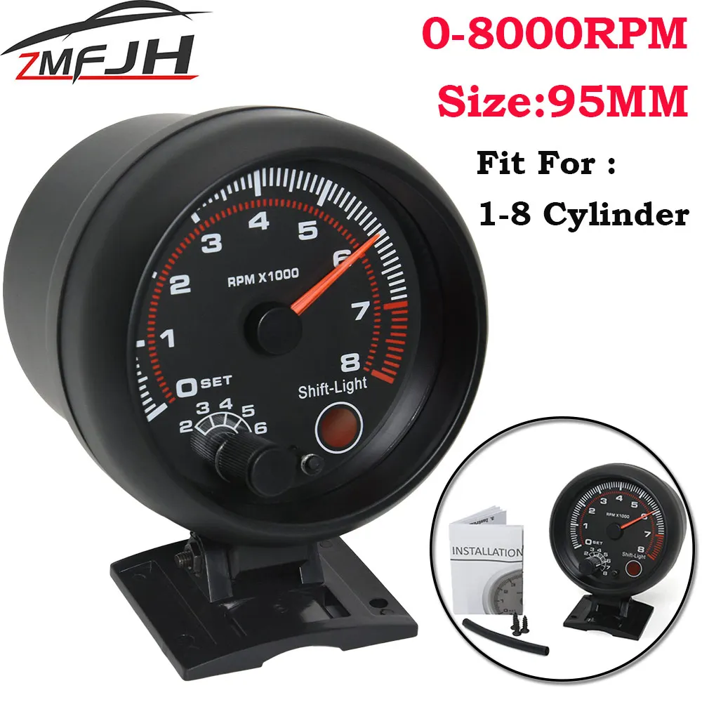 New 0-8000 RPM Tachometer with Red Shift Light 95mm 3.75 inch Black Tachometer White LED Auto Tacho Gauge For 12V Gasoline Car