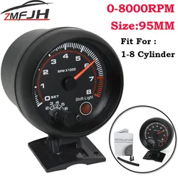 New 0-8000 RPM Tachometer with Red Shift Light 95mm 3.75 inch Black Tachometer White LED Auto Tacho Gauge For 12V Car