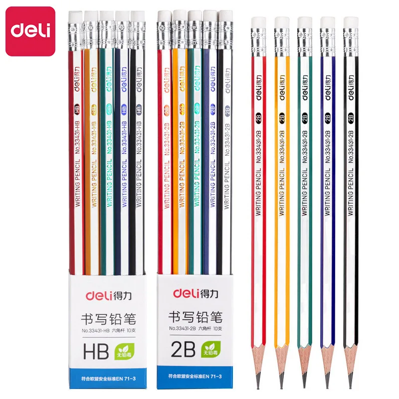 Deli 10pcs/set Wooden Pencil with Eraser For Children Students Painting Writing School Office Home  Supplies HB 2B Pencil