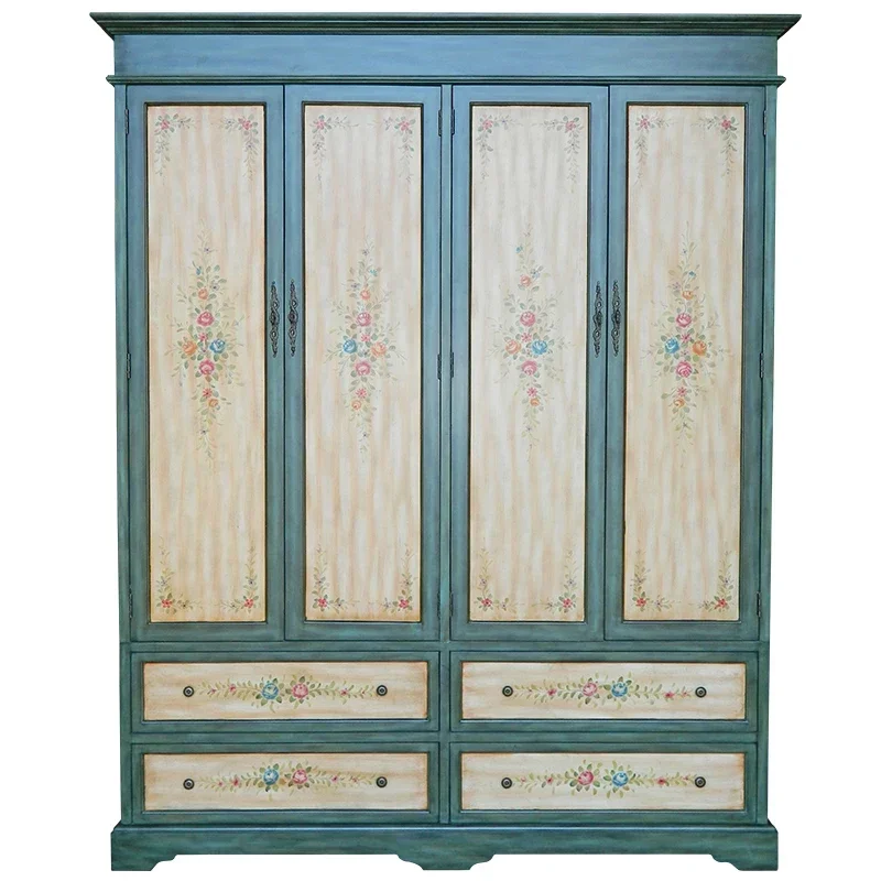 

American Wardrobe Four-Door Wardrobe Mediterranean Painted Custom Bedroom Oversized Solid Wood Storage Cabinet home decor