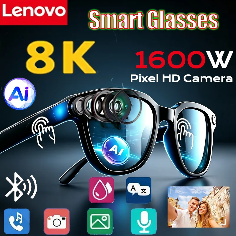 Lenovo Smart 8K 1600MP Glasses AI Translation Bluetooth Conversation Recording Listening To Music Smart Sunglasses For Women Men
