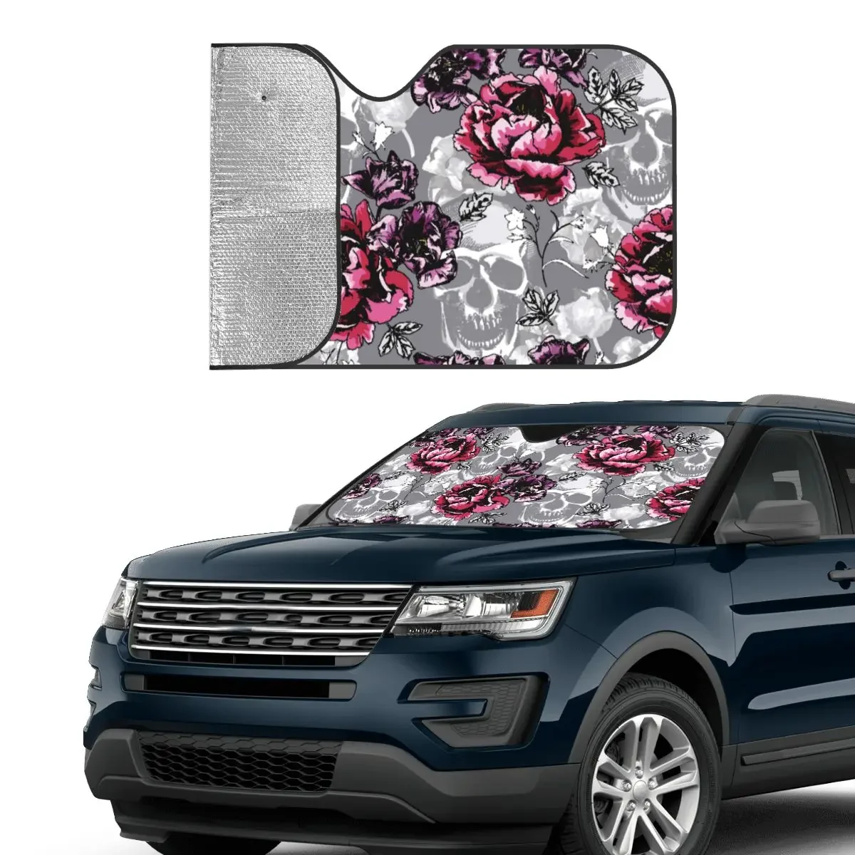 Floral Skull Windshield Sunshade Pink Peony Front Block Window 70x130cm Car Window Windscreen Cover Blinds Sun Shade Protect