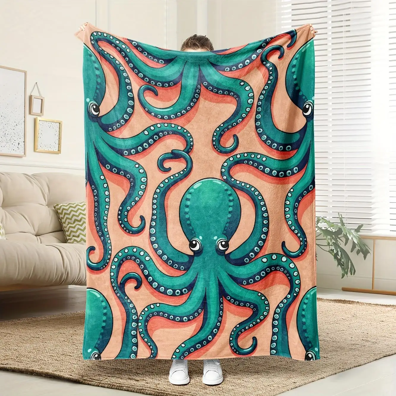 

1 шт. очень большое мягкое фланелевое одеяло в виде осьминога — бирюзово-синий, кораллово-розовый, коричневые щупальца — тяжелые всесезонные кровати