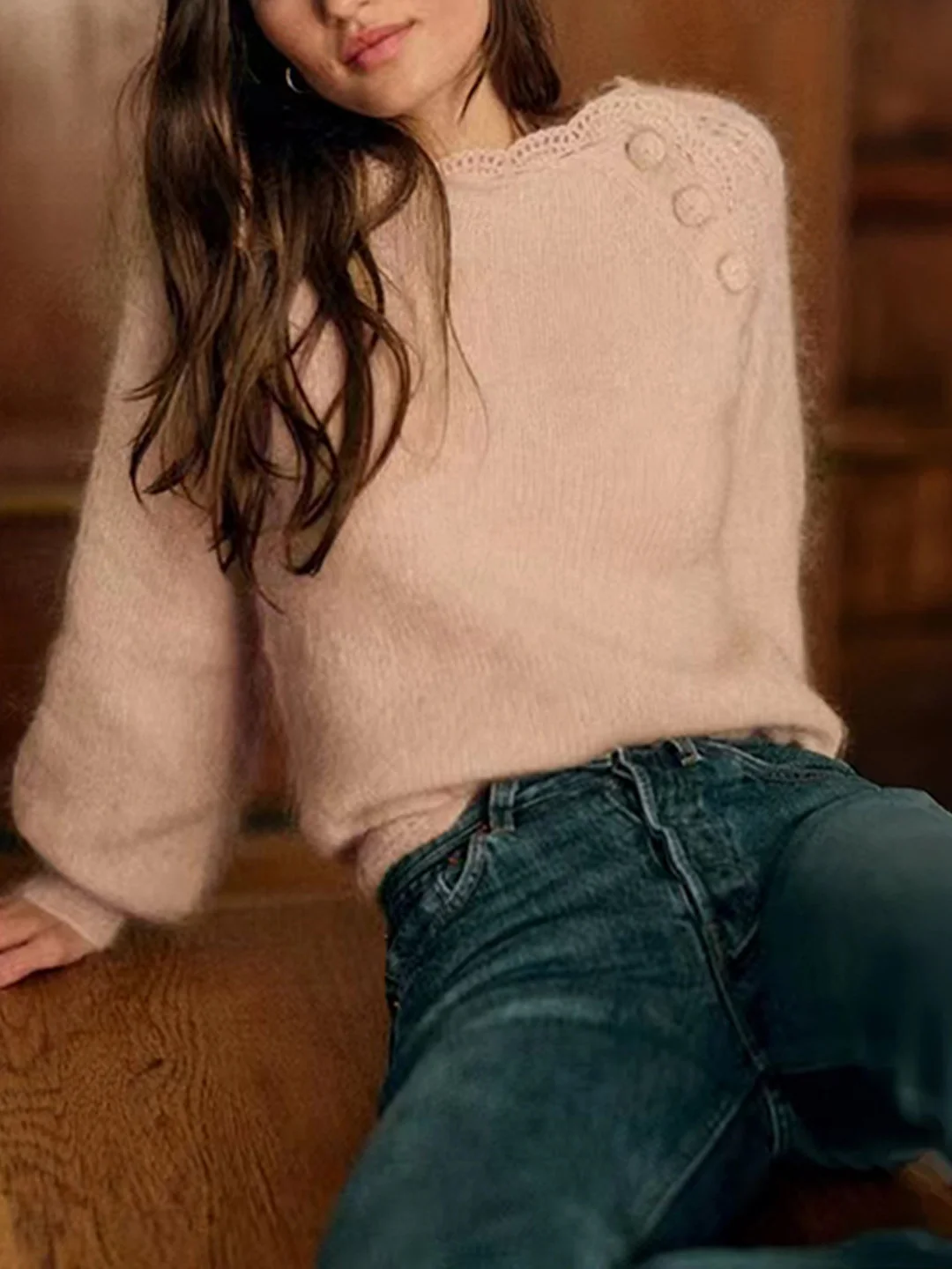 

Soft Cozy Ma Hai Wool Plum Color Slant Collar Button Lantern Sve Women's Sweater Knitted irt Commute Sle Loose Fit