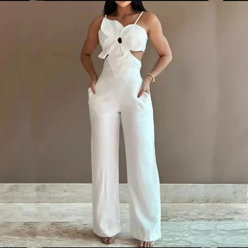 Female Flower Patchwork Holiday Jumpsuit Summer Solid Color High Waist Long Jumpsuit Sexy Off Shoulder Hollow High Street Romper