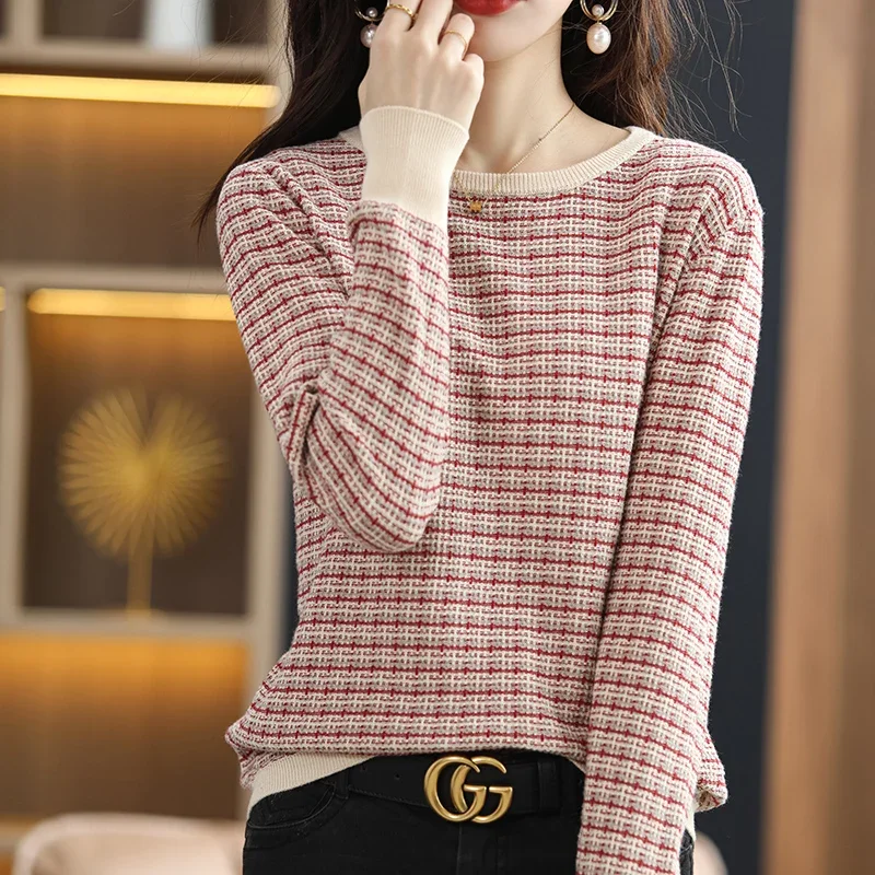 

Women's Autumn Winter 100% Cotton Soft Sweater O-Neck Pullover Color Contrast Striped Casual Knitted Bottoming Warm Sweater