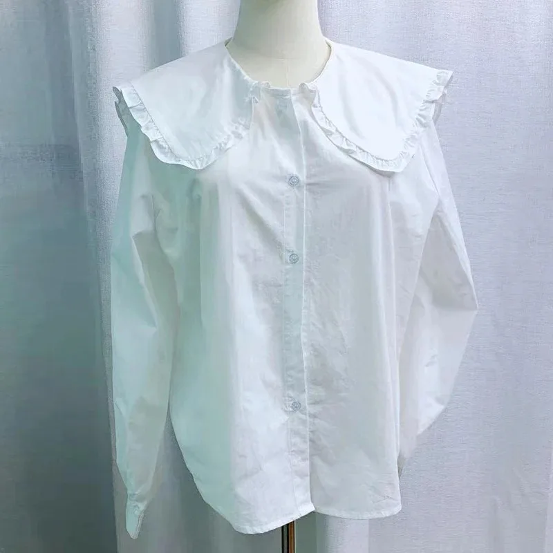 Spring Cotton Shirt Female Korean Chic Ruffles Single-Breasted White Blosue Women Vintage Long Sleeve Pleasure Tops Blusas 14836