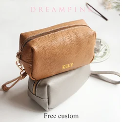 Luxury Genuine Leather Women Makeup Clutch Basg Personalize Letters Large Capacity Female Daily Pouch Bag Portable Zip Wash Bag
